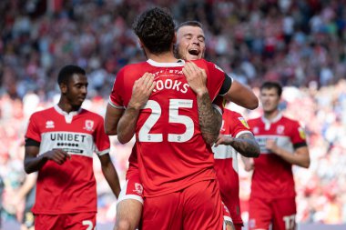 Riley McGree #8 of Middlesbrough celebrates the second goal scored by Matt Crooks and making the score 2-0 during the first half 
