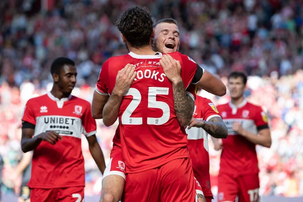Riley McGree #8 of Middlesbrough celebrates the second goal scored by Matt Crooks and making the score 2-0 during the first half 