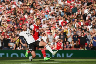 Tim Ream #13 of Fulham makes a clearance under pressure from Gabriel Jesus #9 of Arsenal 