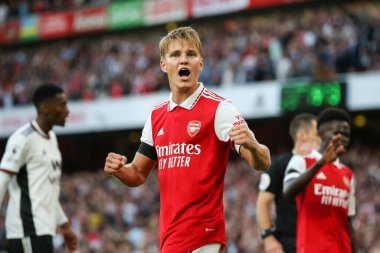 Martin degaard #8 of Arsenal celebrates as Gabriel #6 of Arsenal scores to make it 2-1 