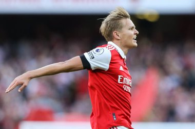 Martin degaard #8 of Arsenal celebrates his goal to make it 1-1 