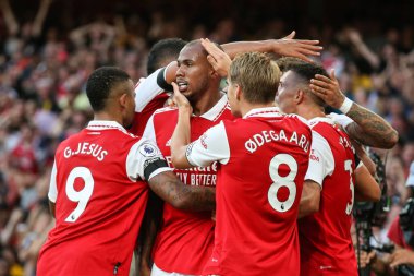 Gabriel #6 of Arsenal celebrates his goal to make it 2-1 clipart