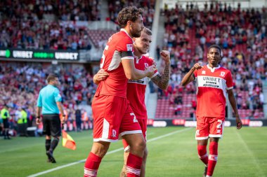 Riley McGree #8 of Middlesbrough celebrates his goal with team mate Matt Crooks during the first half 