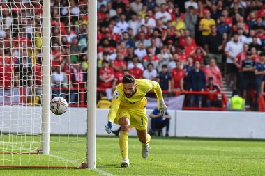 Hugo Lloris #1 of Tottenham Hotspur has the net covered from Brennan Johnson #20 of Nottingham Forests head on goal  