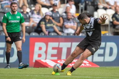 Jake Connor #1 of Hull FC takes the conversion kick and scores during the first half 