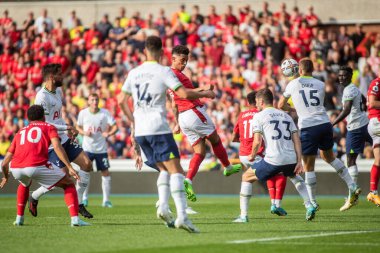 Brennan Johnson #20 of Nottingham Forest heads just wide