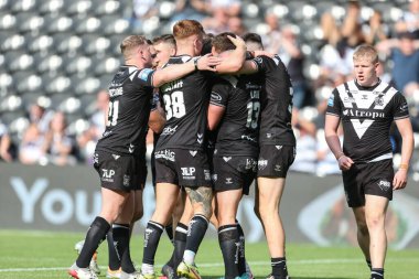 Jordan Lane #13 of Hull FC celebrates his try 