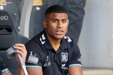 Joe Lovodua #14 of Hull FC sits on the bench during the pre match warm up 