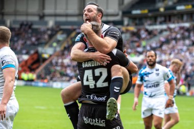 Will Gardiner #42 celebrates his try with Luke Gale #7 and makes the score 10-0 in the first half 