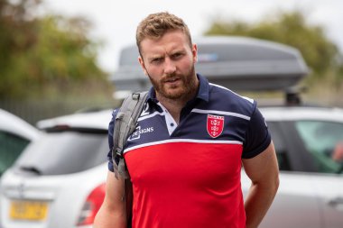 Will Maher #22 of Hull KR arrives at The Sewell Group Craven Park Stadium ahead of this afternoon's game 