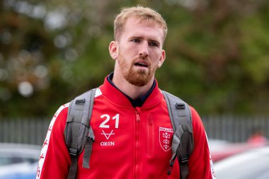 Rowan Milnes #21 of Hull KR arrives at The Sewell Group Craven Park Stadium ahead of this afternoon's game 