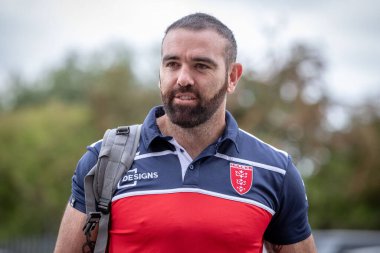 Kane Linnett #12 of Hull KR arrives at The Sewell Group Craven Park Stadium ahead of this afternoon's game 