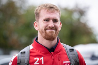 Rowan Milnes #21 of Hull KR arrives at The Sewell Group Craven Park Stadium ahead of this afternoon's game 