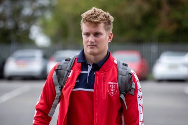 Will Tate #28 of Hull KR arrives at The Sewell Group Craven Park Stadium ahead of this afternoon's game 