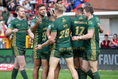 Will Tate #28 of Hull KR celebrates his try and makes the score 4-0 during the first half 