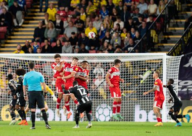 Middlesbrough wall holds strong as Ken Sema #12 of Watford shoots over the bar from the free kick