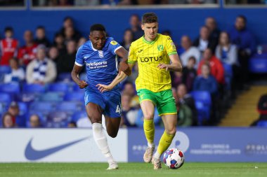 Sam Byram #3 of Norwich City dribbles the ball whilst under pressure from Josh Williams  #48 of Birmingham City