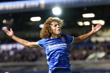 New signing Hannibal Mejbri #6 of Birmingham City  interacts with the crowd on his debut