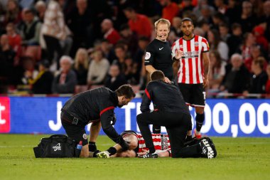Oliver McBurnie #9 of Sheffield United gets treatment on the pitch during the Sky Bet Championship match Sheffield United vs Reading at Bramall Lane, Sheffield, UK, 30th August 2022