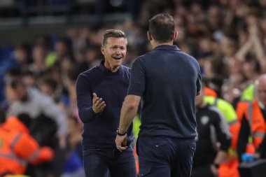 Honours even as Jesse Marsch manager of Leeds United shakes hands with Frank Lampard manager of Everton during the Premier League match Leeds United vs Everton at Elland Road in Leeds, UK, 30th August 2022
