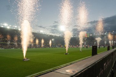 Middlesbrough and Watford team walk on to a Firework display to celebrate 100 years at Vicarage Road for Watford