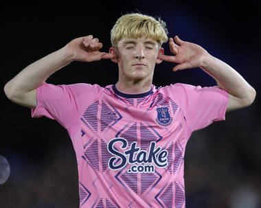 Anthony Gordon #10 of Everton celebrates his goal by putting his fingers in his ears to the Leeds supporters and makes the score 0-1 in the first half 