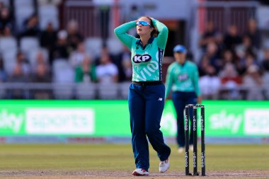Alice Capsey of Oval Invincibles shows her disappointment as another boundary is scored off her bowling