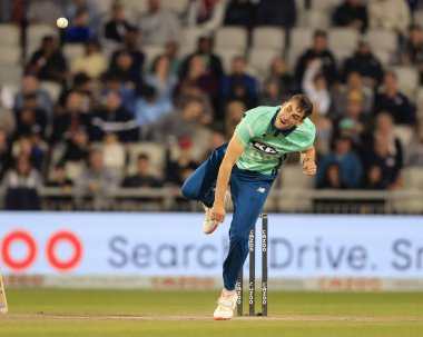 Peter Hatzoglou of Oval Invincibles in bowling action during the game