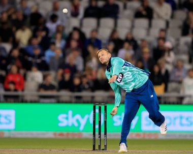 Danny Briggs of Oval Invincibles in bowling action during the game