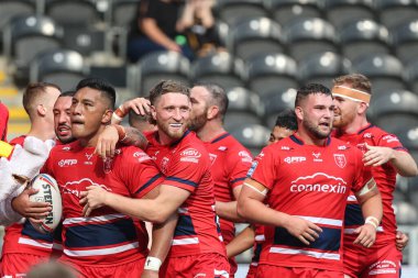 Albert Vete #8 of Hull KR celebrates his try during the Betfred Super League match Hull FC vs Hull KR at MKM Stadium, Hull, United Kingdom, 3rd September 202