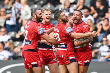 Elliot Minchella #17 of Hull KR celebrates his try during the Betfred Super League match Hull FC vs Hull KR at MKM Stadium, Hull, United Kingdom, 3rd September 202