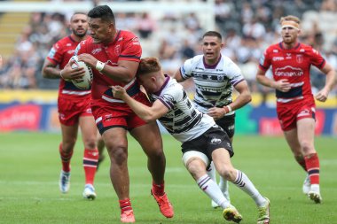 Albert Vete #8 of Hull KR  proves to strong for Ellis Longstaff #38 of Hull FC during the Betfred Super League match Hull FC vs Hull KR at MKM Stadium, Hull, United Kingdom, 3rd September 202