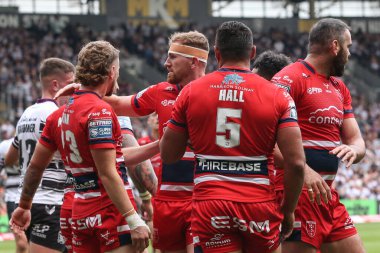 Ryan Hall #5 of Hull KR celebrates his try during the Betfred Super League match Hull FC vs Hull KR at MKM Stadium, Hull, United Kingdom, 3rd September 202