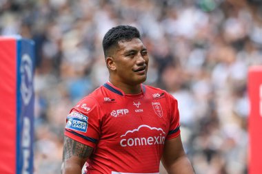 Albert Vete #8 of Hull KR winks at the Hull FC fans after scoring his try during the Betfred Super League match Hull FC vs Hull KR at MKM Stadium, Hull, United Kingdom, 3rd September 202