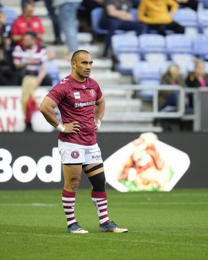Thomas Leuluai #7 of Wigan Warriors warms up before the  Betfred Super League match Wigan Warriors vs Catalans Dragons at DW Stadium, Wigan, United Kingdom, 2nd September 202