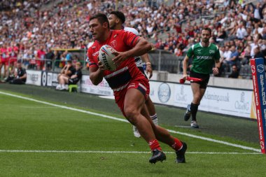 Ryan Hall #5 of Hull KR crosses the try line to score his try during the Betfred Super League match Hull FC vs Hull KR at MKM Stadium, Hull, United Kingdom, 3rd September 202