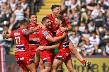 Ethan Ryan #23 of Hull KR celebrates his try during the Betfred Super League match Hull FC vs Hull KR at MKM Stadium, Hull, United Kingdom, 3rd September 202