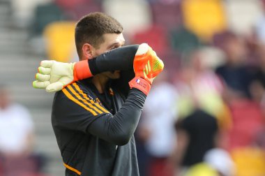 Illan Meslier #1 of Leeds United warms up during the Premier League match Brentford vs Leeds United at Brentford Community Stadium, London, United Kingdom, 3rd September 202