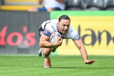Luke Gale #7 of Hull FC goes over for a try during the Betfred Super League match Hull FC vs Hull KR at MKM Stadium, Hull, United Kingdom, 3rd September 202