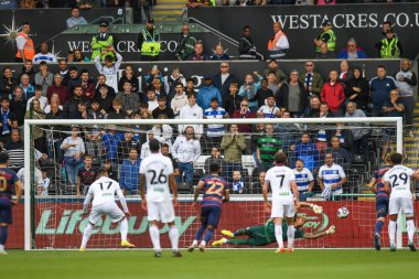 Seny Dieng #1 of QPR saves a penalty from Jol Piroe #17 of Swansea City during the Sky Bet Championship match Swansea City vs Queens Park Rangers at Swansea.com Stadium, Swansea, United Kingdom, 3rd September 2022
