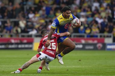 Matty Nicholson #35 of Warrington Wolves runs at Morgan Escare #25 of Salford Red Devils during the Betfred Super League match Salford Red Devils vs Warrington Wolves at AJ Bell Stadium, Eccles, United Kingdom, 3rd September 202