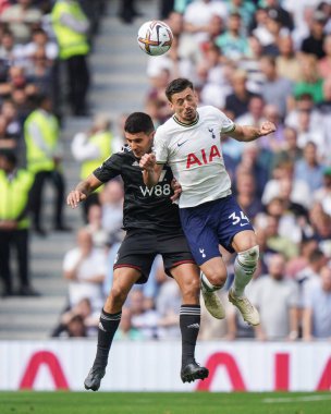 Aleksandar Mitrovi #9 of Fulham and Clment Lenglet #34 of Tottenham Hotspur battle for the ball during the Premier League match Tottenham Hotspur vs Fulham at Tottenham Hotspur Stadium, London, United Kingdom, 3rd September 2022