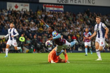 Dave Button #1 of West Bromwich Albion  fouls Nathan Tella #23 of Burnley during the Sky Bet Championship match West Bromwich Albion vs Burnley at The Hawthorns, West Bromwich, United Kingdom, 2nd September 202
