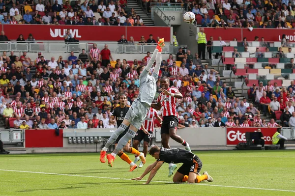 Illan Meslier #1 of Leeds United punches clear during the Premier League match Brentford vs Leeds United at Brentford Community Stadium, London, United Kingdom, 3rd September 202