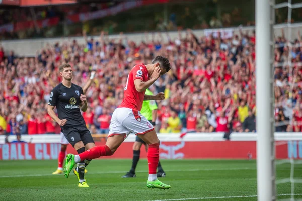 Brennan Johnson #20 of Nottingham Forest celebrates scoring his penalty during the Premier League match Nottingham Forest vs Bournemouth at City Ground, Nottingham, United Kingdom, 3rd September 202