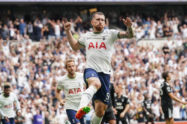 Pierre-Emile Hjbjerg #5 of Tottenham Hotspur celebrates his goal to make it 1-0 during the Premier League match Tottenham Hotspur vs Fulham at Tottenham Hotspur Stadium, London, United Kingdom, 3rd September 2022