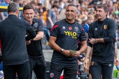 Both sets of coaching staff meet before the Sky Bet Championship match Hull City vs Sheffield United at MKM Stadium, Hull, United Kingdom, 4th September 202