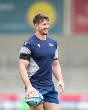 Sale Sharks Ben Curry, Gallagher Premiership maçından önce ısınıyor. Satış köpekbalıkları Northampton Saints 'e karşı. AJ Bell Stadyumu, Eccles, İngiltere, 11 Eylül 202