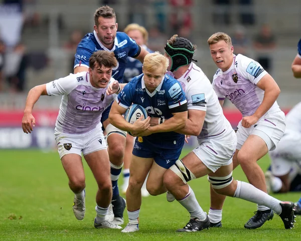 Sale Sharks Aaron Reed Wordt Een Tackle Gehouden Tijdens Gallagher — Stockfoto