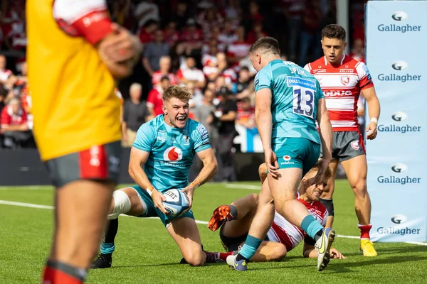 Charlie Atkinson Wasps Rugby Comemora Marcar Uma Tentativa Durante Gallagher — Fotografia de Stock